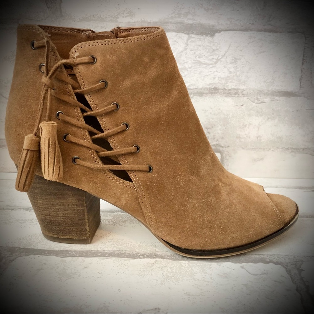 Franco Fortini Ramona Brown Leather Ankle Peep Toe Booties w/Lacing & Tassels